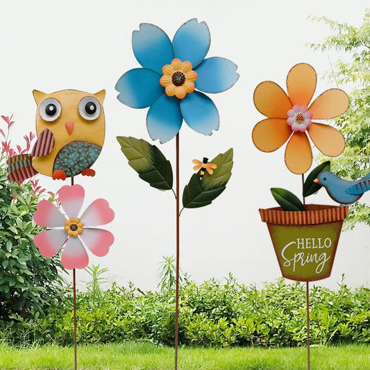 Garden Windmill Spinners, Colorful Metal Flowers Wind Sculptures Decorations Outdoor Fairy Garden Pinwheels Spinners for Yard Lawn Patio Decor