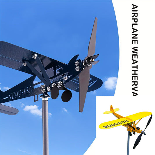 2 Packs Black+Yellow Piper J3 Aircraft Wind Vane, Metal Garden Plane Wind Spinner Windmill Garden Stake, Windmill Outdoor Classic Airplane Garden Decor Ornaments