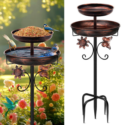 2 Tiers Multi Function Bird Bath for Outside, 100cm Vintage Freestanding Birdbaths for Outdoors, Double Metal Bird Feeder Bowls for Garden Patio Yard Lawn Decor, Upgraded 5-Pronged Base (Antique Bronze)