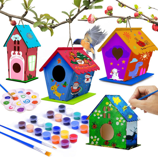 6 Pack DIY Bird House Kit, Crafts for Children to Build and Paint Birdhouse (Includes Paints & Brushes) Wooden Arts for Kids Girls Boys Toddlers Gifts
