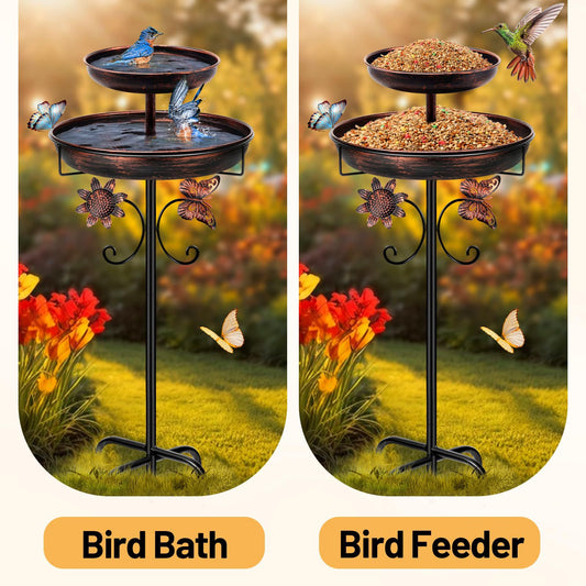 2 Tiers Multi Function Bird Bath for Outside, 100cm Vintage Freestanding Birdbaths for Outdoors, Double Metal Bird Feeder Bowls for Garden Patio Yard Lawn Decor, Upgraded 5-Pronged Base (Antique Bronze)