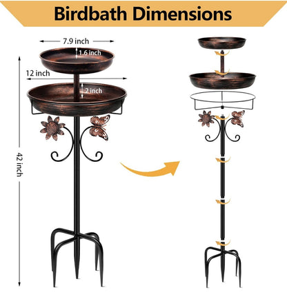 2 Tiers Multi Function Bird Bath for Outside, 100cm Vintage Freestanding Birdbaths for Outdoors, Double Metal Bird Feeder Bowls for Garden Patio Yard Lawn Decor, Upgraded 5-Pronged Base (Antique Bronze)