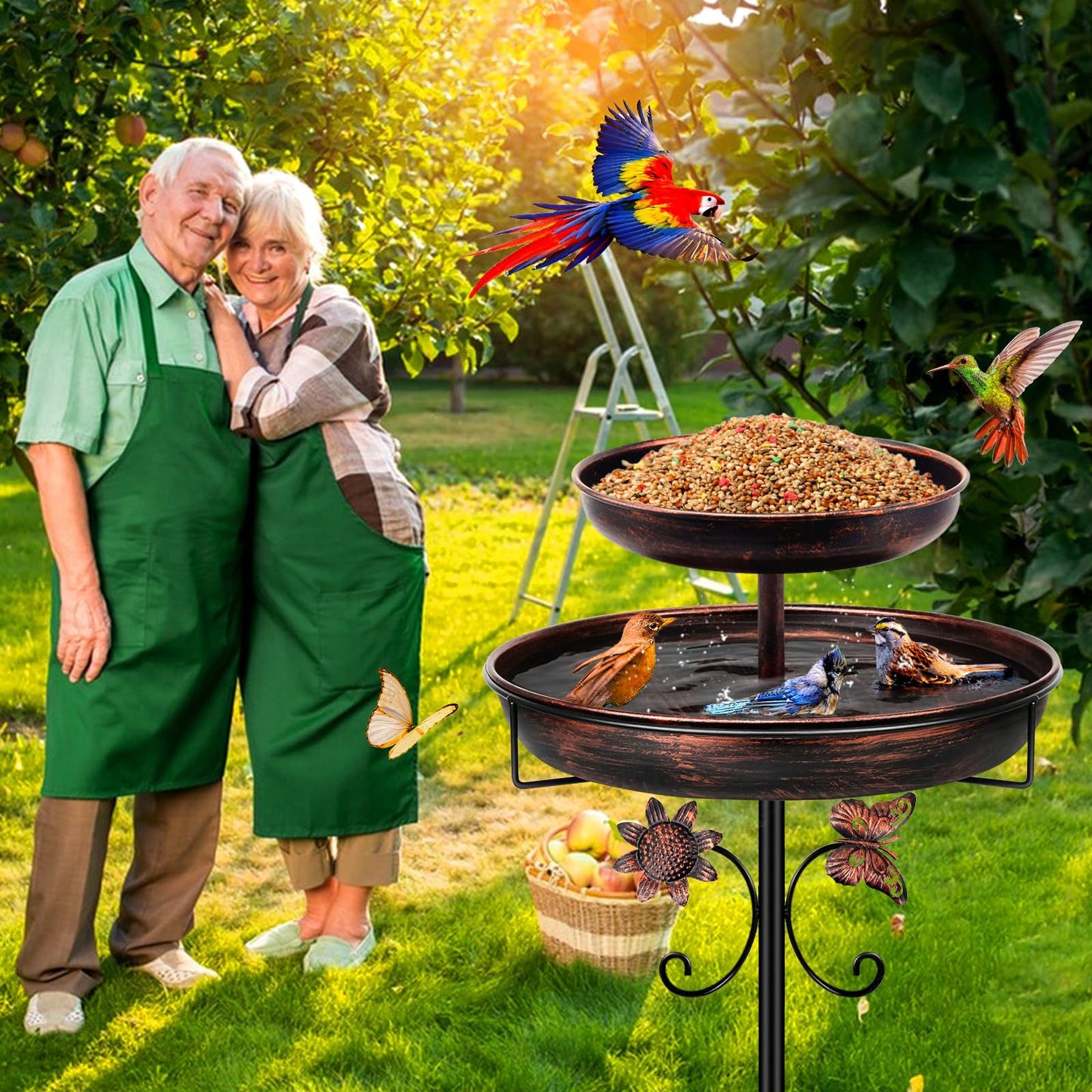 2 Tiers Multi Function Bird Bath for Outside, 100cm Vintage Freestanding Birdbaths for Outdoors, Double Metal Bird Feeder Bowls for Garden Patio Yard Lawn Decor, Upgraded 5-Pronged Base (Antique Bronze)