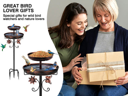 2 Tiers Multi Function Bird Bath for Outside, 100cm Vintage Freestanding Birdbaths for Outdoors, Double Metal Bird Feeder Bowls for Garden Patio Yard Lawn Decor, Upgraded 5-Pronged Base (Antique Bronze)