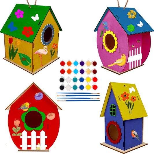 6 Pack DIY Bird House Kit, Crafts for Children to Build and Paint Birdhouse (Includes Paints & Brushes) Wooden Arts for Kids Girls Boys Toddlers Gifts