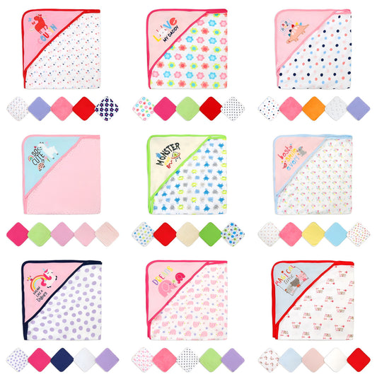Hooded Baby Towel Set, 6-Piece Baby Bath Towel Set, 1Pcs Baby Towel Blanket and 5Pcs Baby Wash Cloth, Soft and Super Absorbent Baby Washcloths for Toddlers, Baby Shower Set
