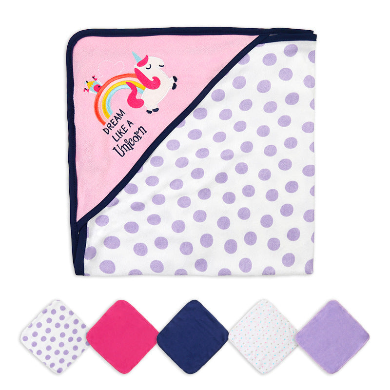 Hooded Baby Towel Set, 6-Piece Baby Bath Towel Set, 1Pcs Baby Towel Blanket and 5Pcs Baby Wash Cloth, Soft and Super Absorbent Baby Washcloths for Toddlers, Baby Shower Set