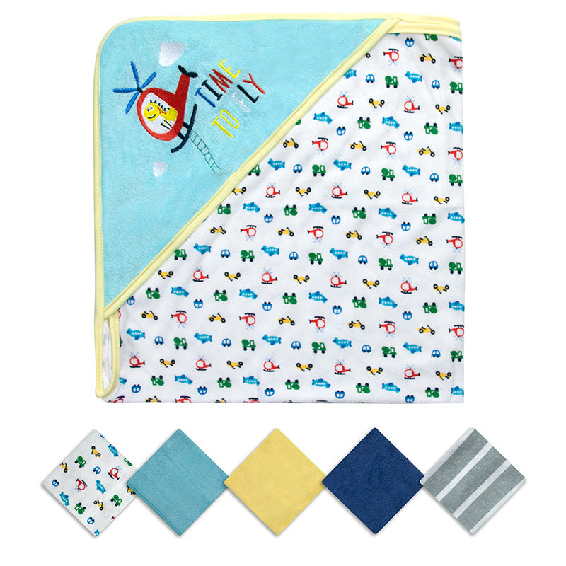 Hooded Baby Towel Set, 6-Piece Baby Bath Towel Set, 1Pcs Baby Towel Blanket and 5Pcs Baby Wash Cloth, Soft and Super Absorbent Baby Washcloths for Toddlers, Baby Shower Set