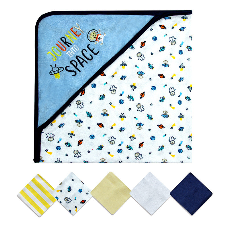 Hooded Baby Towel Set, 6-Piece Baby Bath Towel Set, 1Pcs Baby Towel Blanket and 5Pcs Baby Wash Cloth, Soft and Super Absorbent Baby Washcloths for Toddlers, Baby Shower Set