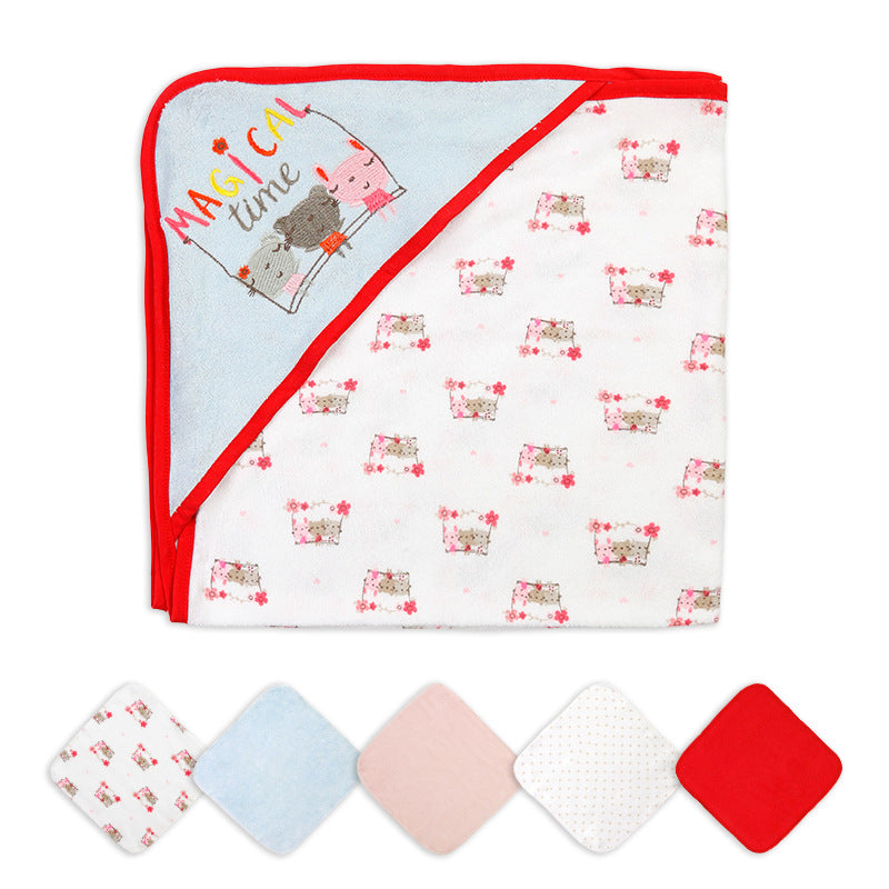 Hooded Baby Towel Set, 6-Piece Baby Bath Towel Set, 1Pcs Baby Towel Blanket and 5Pcs Baby Wash Cloth, Soft and Super Absorbent Baby Washcloths for Toddlers, Baby Shower Set