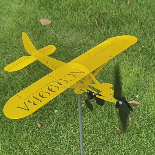 2 Packs Black+Yellow Piper J3 Aircraft Wind Vane, Metal Garden Plane Wind Spinner Windmill Garden Stake, Windmill Outdoor Classic Airplane Garden Decor Ornaments